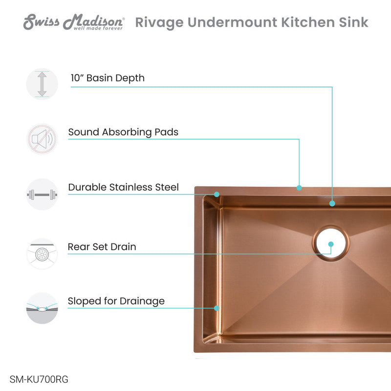 Swiss Madison Rivage 30 x 18 Stainless Steel, Single Basin, Undermount Kitchen Sink, Rose Gold