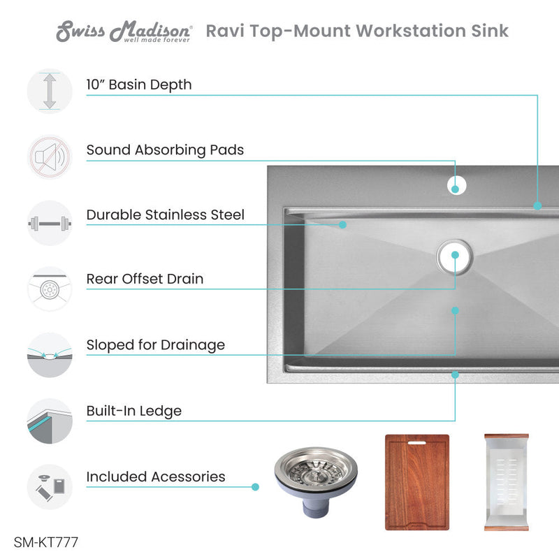 Swiss Madison Ravi Single Basin 33 x 22 Topmount Kitchen Workstation Sink