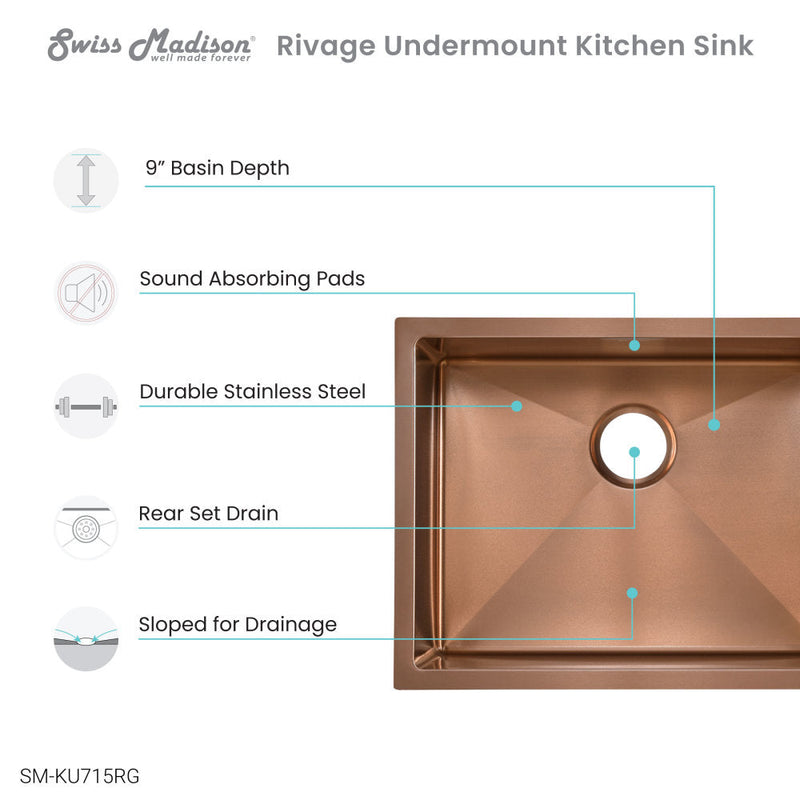 Swiss Madison Rivage 23 x 18 Stainless Steel, Single Basin, Undermount Kitchen Sink, Rose Gold