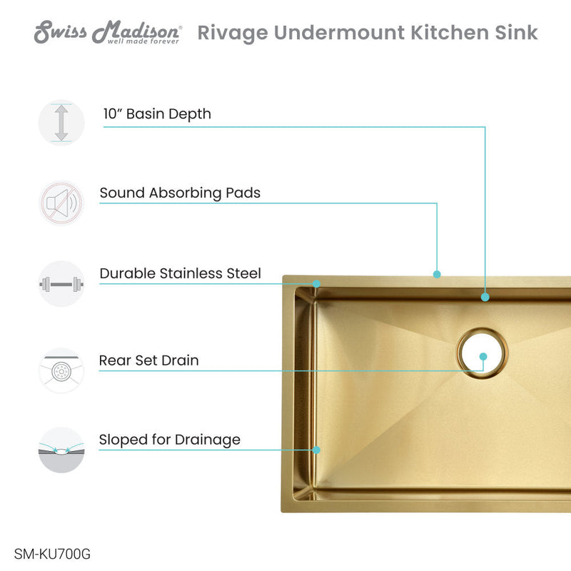 Swiss Madison Rivage 30 x 18 Stainless Steel, Single Basin, Undermount Kitchen Sink, Gold