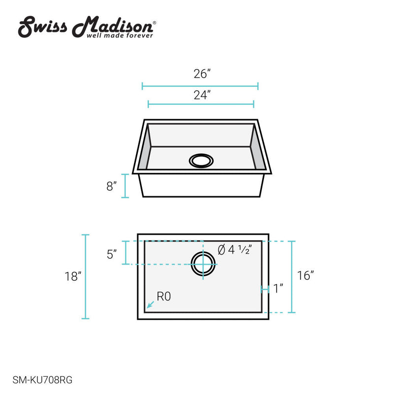 Swiss Madison Tourner 26 x 18 Stainless Steel, Single Basin, Undermount Kitchen Sink, Rose Gold