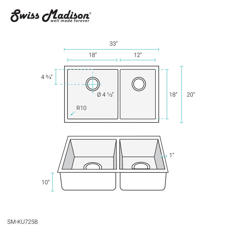 Swiss Madison Rivage 33 x 20 Stainless Steel, Dual Basin, Undermount Kitchen Sink in Black