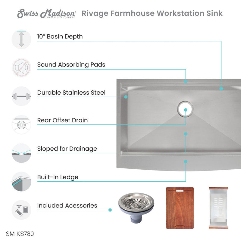 Swiss Madison Rivage 33 x 22 Single Basin Apron Kitchen Workstation Sink