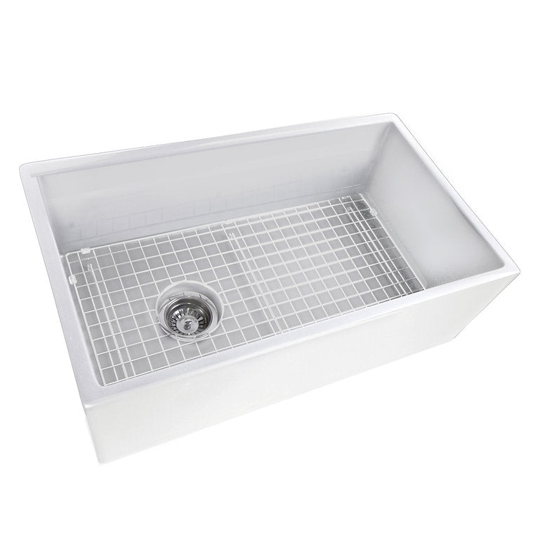 Nantucket 30 Inch White Fireclay Farmhouse Sink Offset Drain with Grid FCFS3018W-OSD