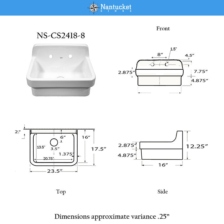 Nantucket 23.5 inch High Density Ceramic Utility/Laundry/Bar/Kitchen Sink NS-CS2418-8