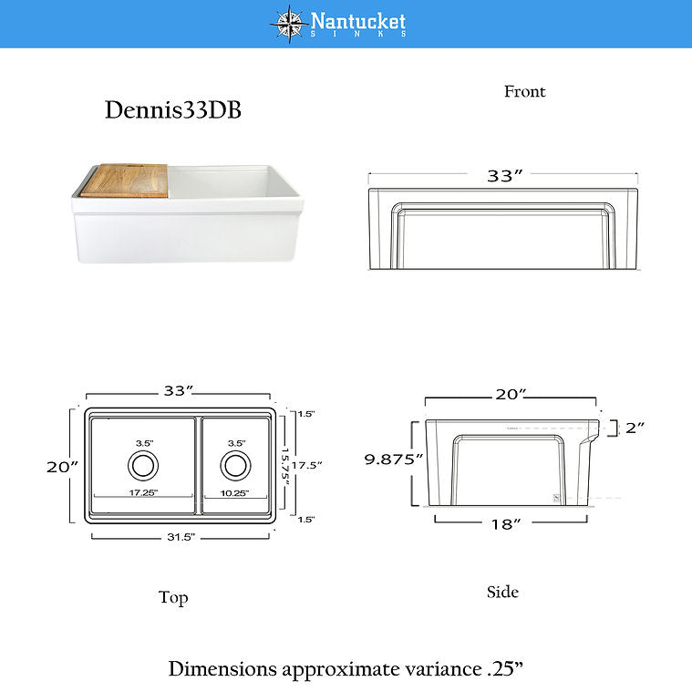 Nantucket Sinks 33-inch Double Bowl Workstation Fireclay Apron Sink with Cutting board Dennis33DB