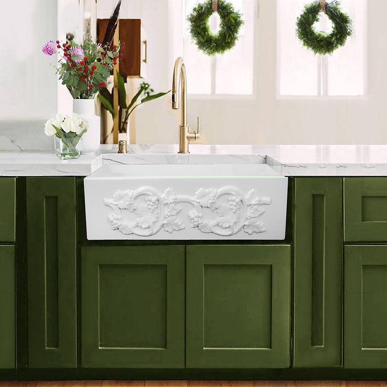 Nantucket 33 Inch Farmhouse Fireclay Sink with Grapes Vine Motif Apron FCFS3320S-Grapes