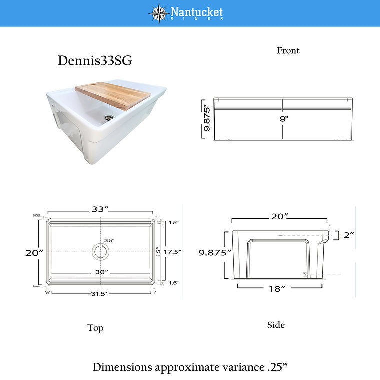 Nantucket Sinks 33-inch Single Bowl Workstation Fireclay Apron Sink with Cutting board Dennis33SG