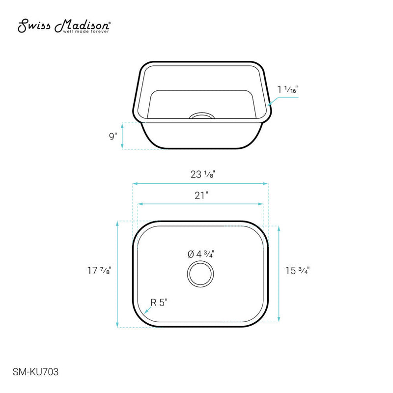 Swiss Madison Toulouse 23 1/8 x 17 7/8 Stainless Steel, Single Basin, Undermount Kitchen Sink