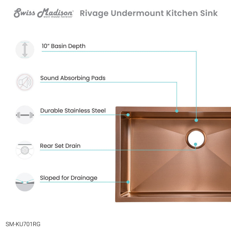 Swiss Madison Rivage 32 x 19 Stainless Steel, Single Basin, Undermount Kitchen Sink, Rose Gold