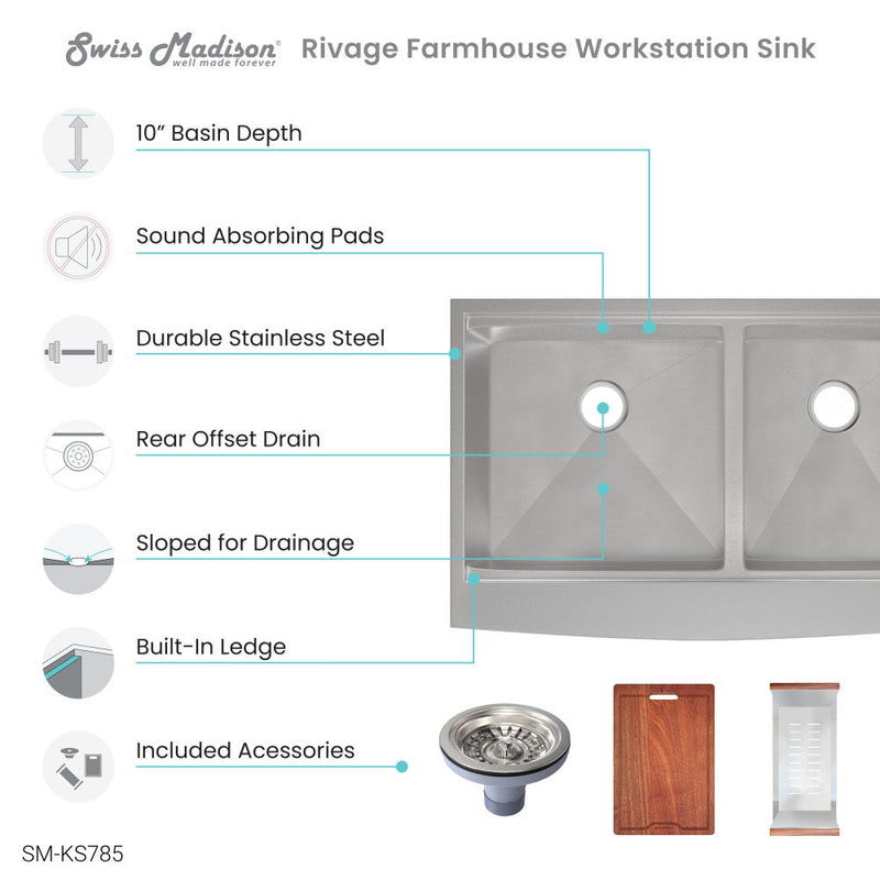 Swiss Madison Rivage 33 x 22 Dual Basin Apron Kitchen Workstation Sink