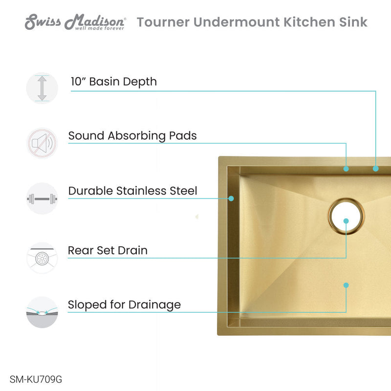 Swiss Madison Tourner 27 x 19 Stainless Steel, Single Basin, Undermount Kitchen Sink in Gold