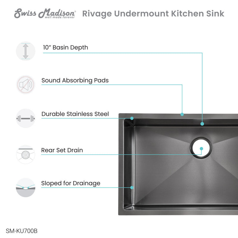 Swiss Madison Rivage 30 x 18 Stainless Steel, Single Basin, Undermount Kitchen Sink,Black