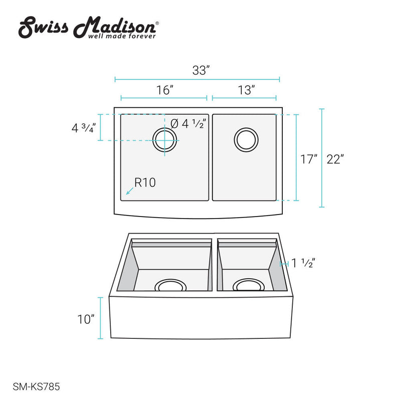 Swiss Madison Rivage 33 x 22 Dual Basin Apron Kitchen Workstation Sink