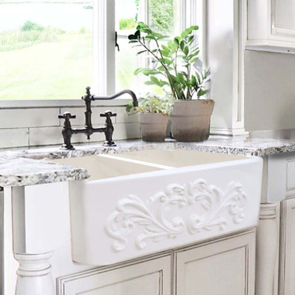 Nantucket Vineyard 33" Fireclay Farmhouse Sink, Double Bowl, White, FCFS3318D-Filigree