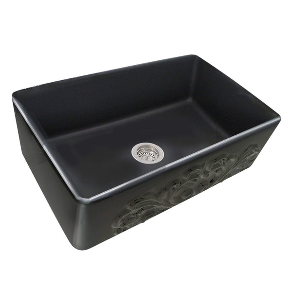 Nantucket Vineyard 33" Fireclay Farmhouse Sink, Matte Black, FCFS3320S-FiligreeMBL