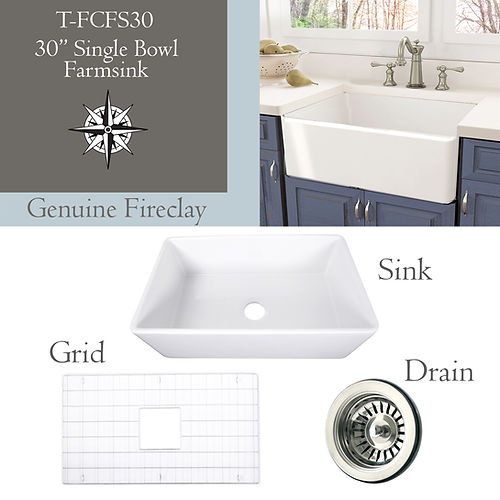 Nantucket 30 Inch White Fireclay Farmhouse Kitchen Sink T-FCFS30