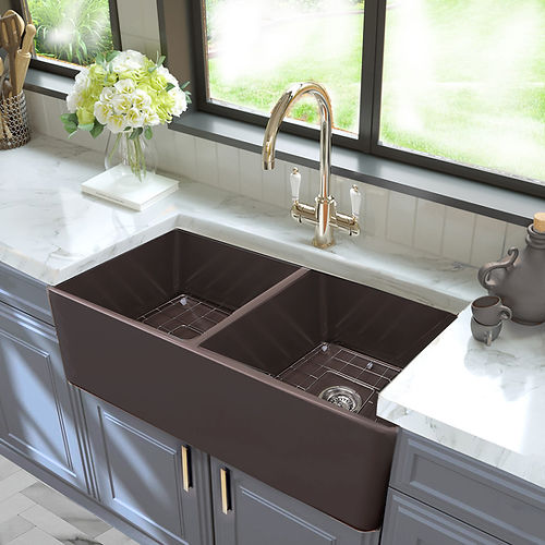 Nantucket 33 Inch Double Bowl Coffee Brown Farmhouse Fireclay Kitchen Sink T-FCFS33CB-DBL