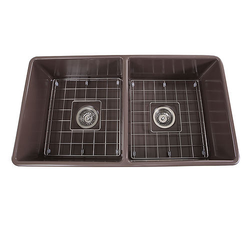 Nantucket 33 Inch Double Bowl Coffee Brown Farmhouse Fireclay Kitchen Sink T-FCFS33CB-DBL