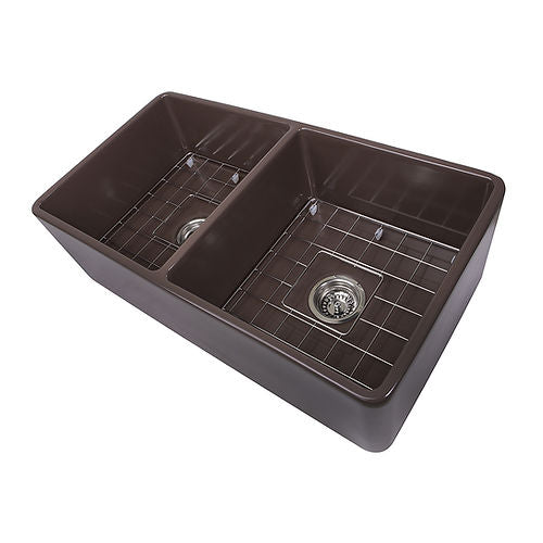 Nantucket 33 Inch Double Bowl Coffee Brown Farmhouse Fireclay Kitchen Sink T-FCFS33CB-DBL