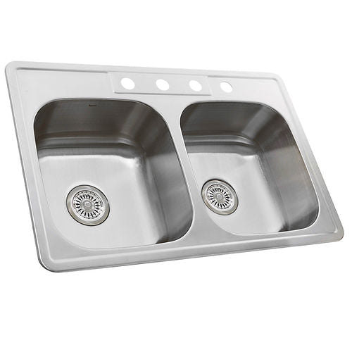 Nantucket 33 Inch Double Bowl Equal Self Rimming Stainless Steel Drop In Kitchen Sink NS3322-DE-9