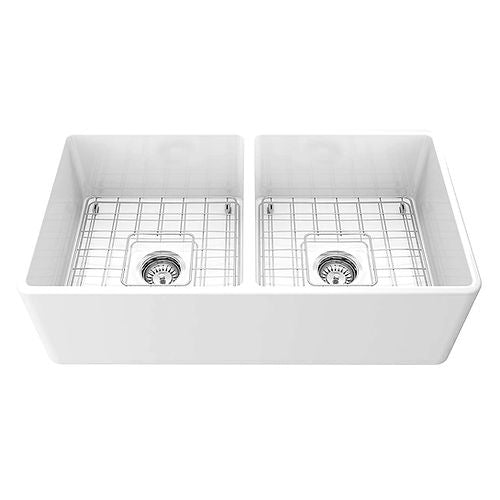 Nantucket 33 Inch Double Bowl White Farmhouse Fireclay Kitchen Sink T-FCFS33-DBL