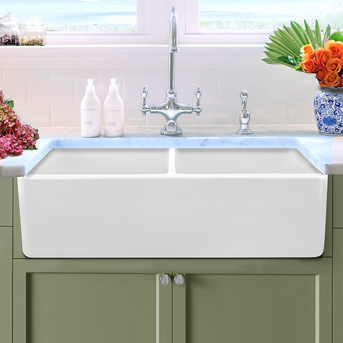 Nantucket 33 Inch Double Bowl White Farmhouse Fireclay Kitchen Sink T-FCFS33-DBL