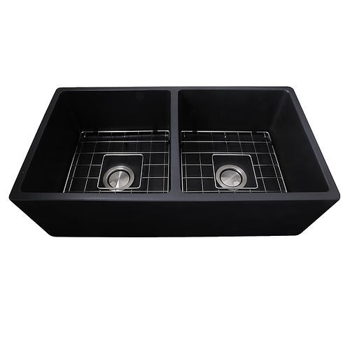 Nantucket Double Bowl Farmhouse Fireclay Sink with Matte Black Finish FCFS3318D-MatteBlack