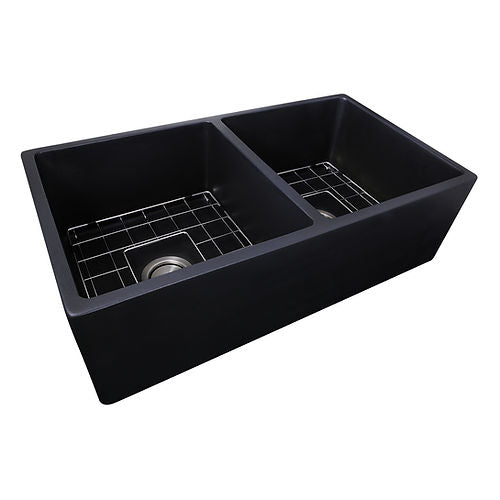 Nantucket Double Bowl Farmhouse Fireclay Sink with Matte Black Finish FCFS3318D-MatteBlack