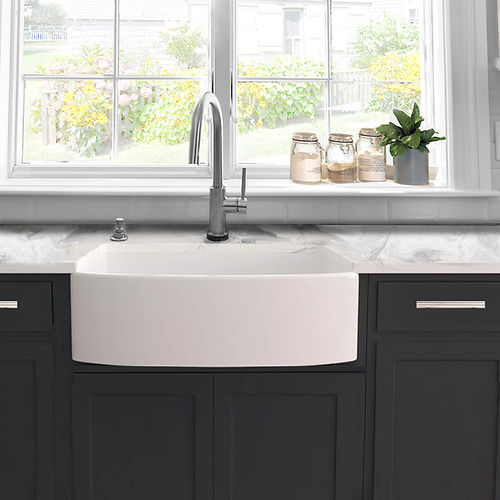 Nantucket Sinks' 30 Inch White Farmhouse Fireclay Sink with Curved Apron Front FCFS3020CA-W