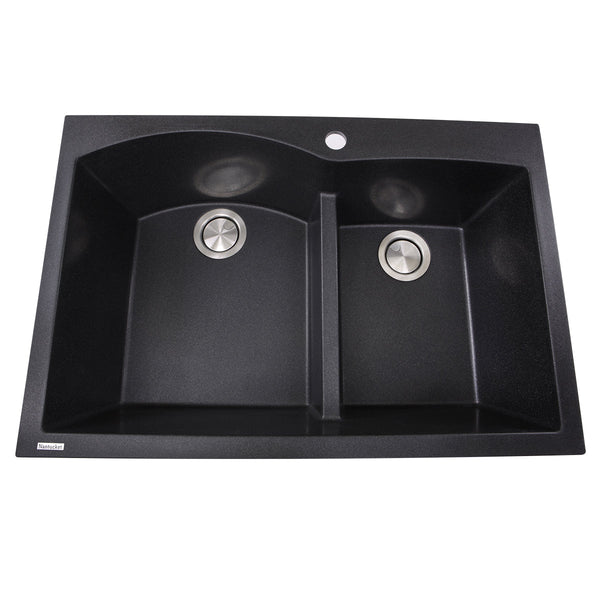 Nantucket Plymouth 33" Granite Composite Kitchen Sink, 60/40 Double Bowl, Black, PR6040-BL