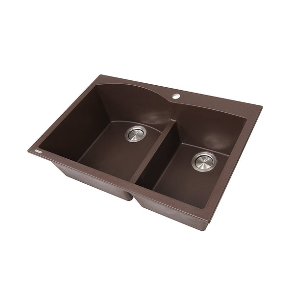 Nantucket Plymouth 33" Granite Composite Kitchen Sink, 60/40 Double Bowl, Brown, PR6040-BR