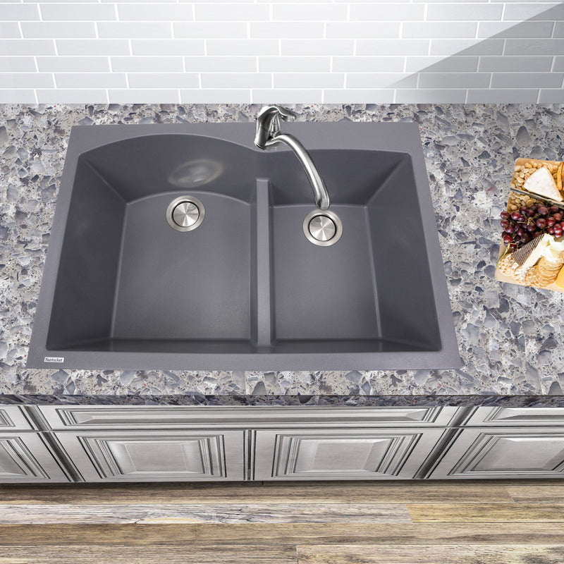 Nantucket Plymouth 33" Granite Composite Kitchen Sink, 60/40 Double Bowl, Titanium, PR6040-TI