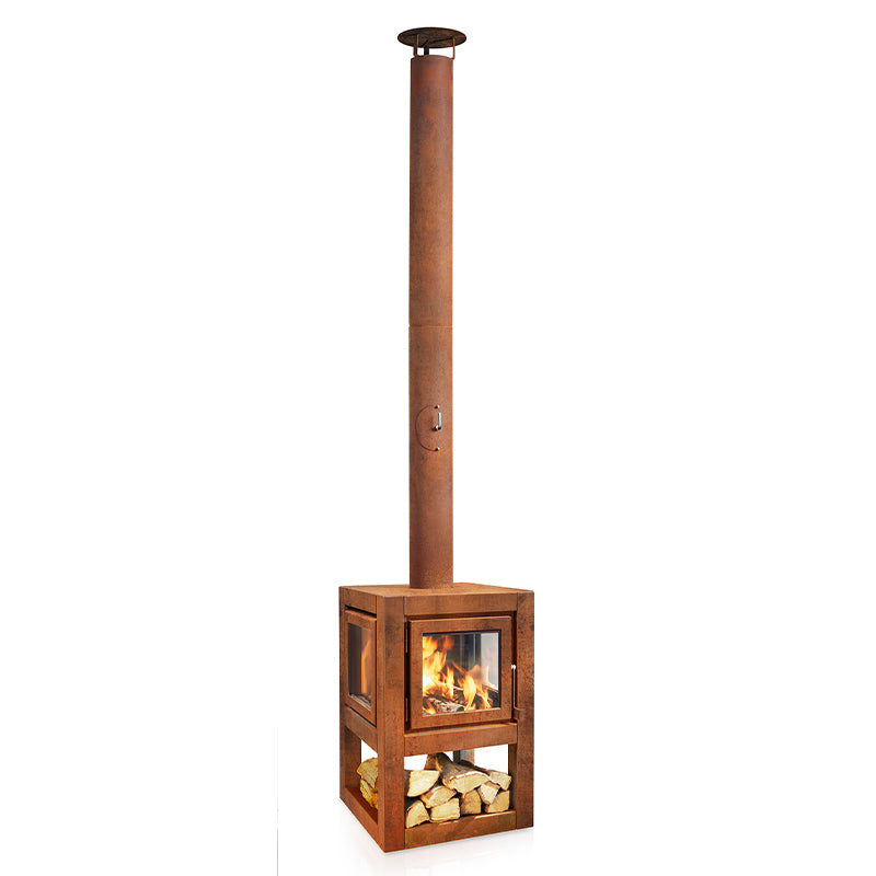 RB73 Quaruba L Mobile Wood Burning Outdoor Fireplace, 4-Sided Glass