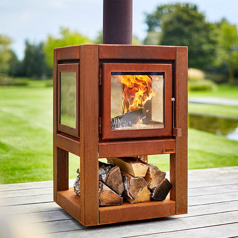 RB73 Quaruba L Mobile Wood Burning Outdoor Fireplace, 4-Sided Glass