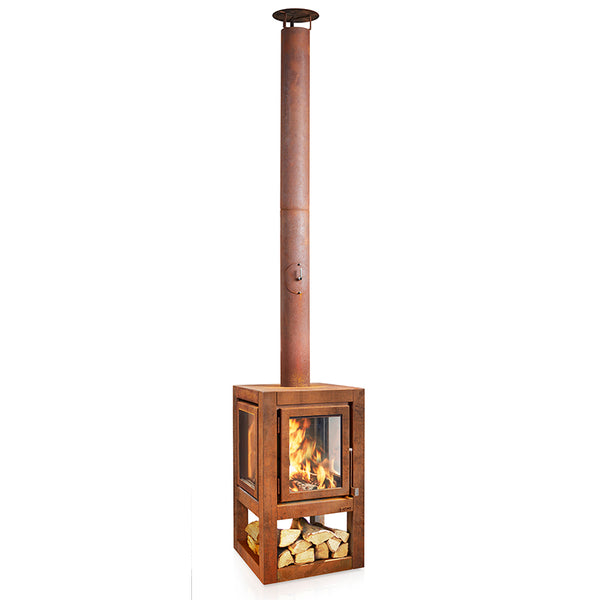 RB73 Quaruba XL Mobile Wood Burning Outdoor Fireplace, 4-Sided Glass