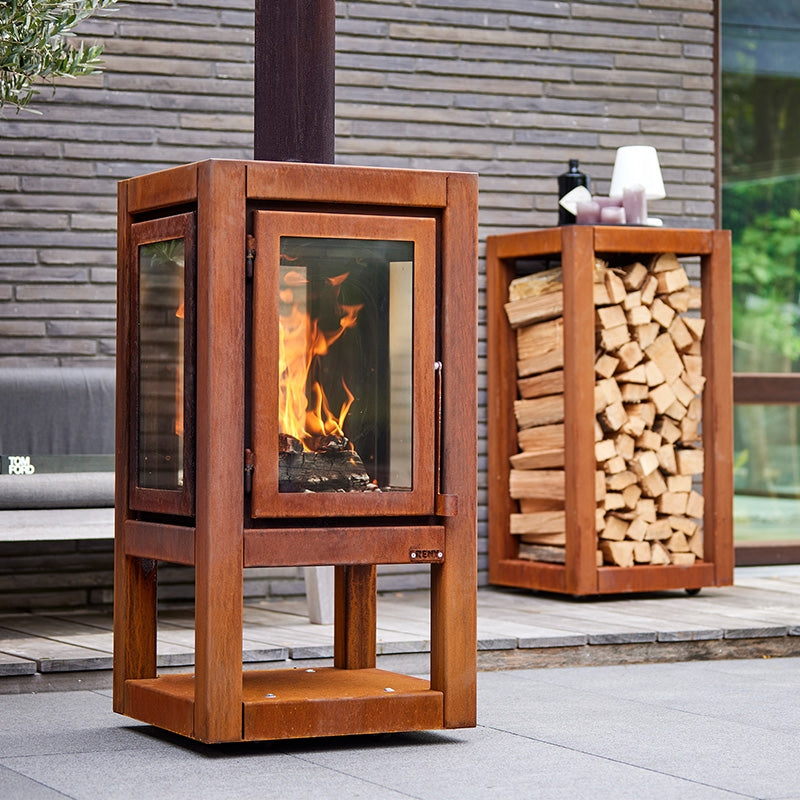 RB73 Quaruba XXL Mobile Wood Burning Outdoor Fireplace, 4-Sided Glass