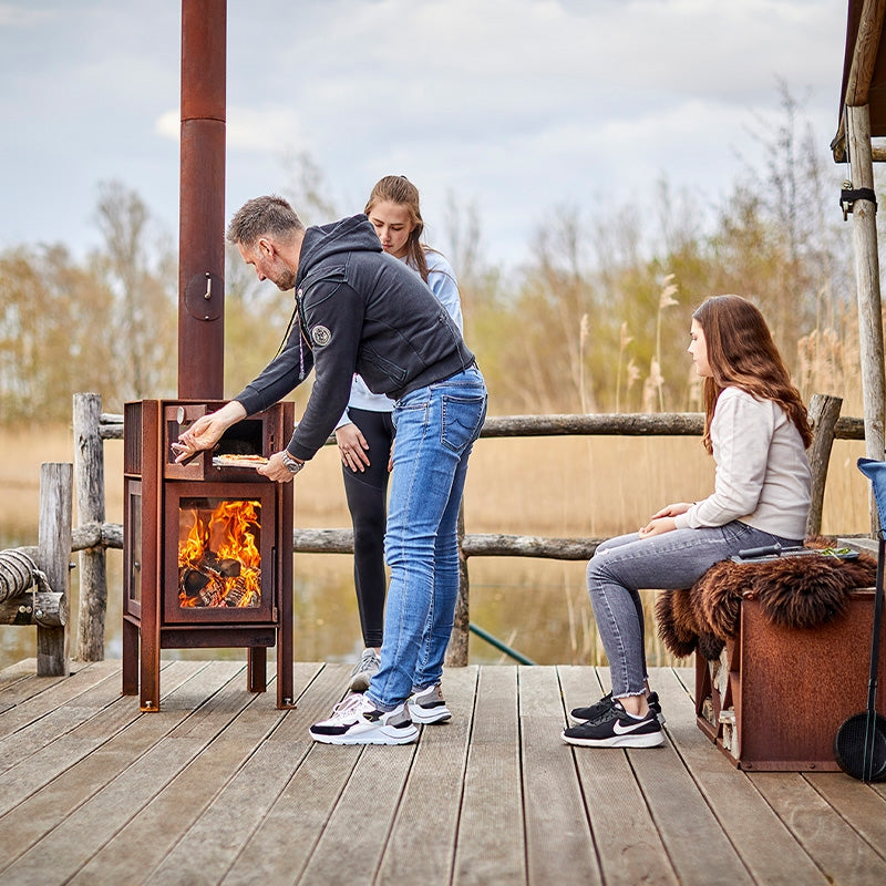 RB73 Quercus Wood Burning Outdoor Fireplace with Oven, 3-Sided Glass