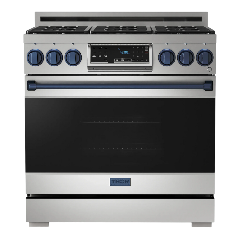 Thor Kitchen Gordon Ramsay Series 36-Inch Professional Gas Range with Tilt Panel Touch Control in Stainless Steel with Navy Blue Trim (RSG36-BLU)