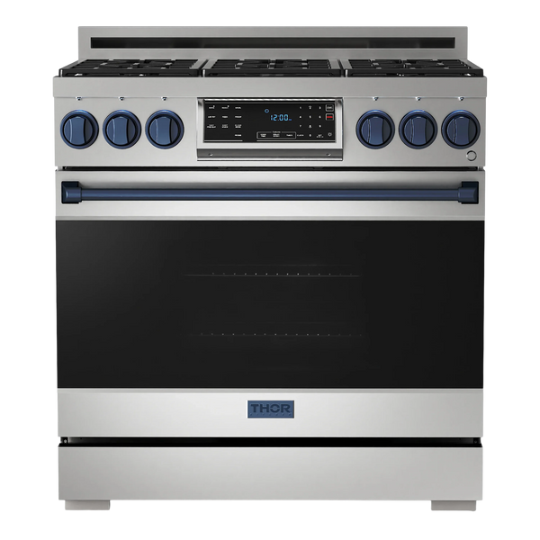 Thor Kitchen Gordon Ramsay Series 36-Inch Professional Gas Range with Tilt Panel Touch Control in Stainless Steel with Navy Blue Trim (RSG36-BLU)