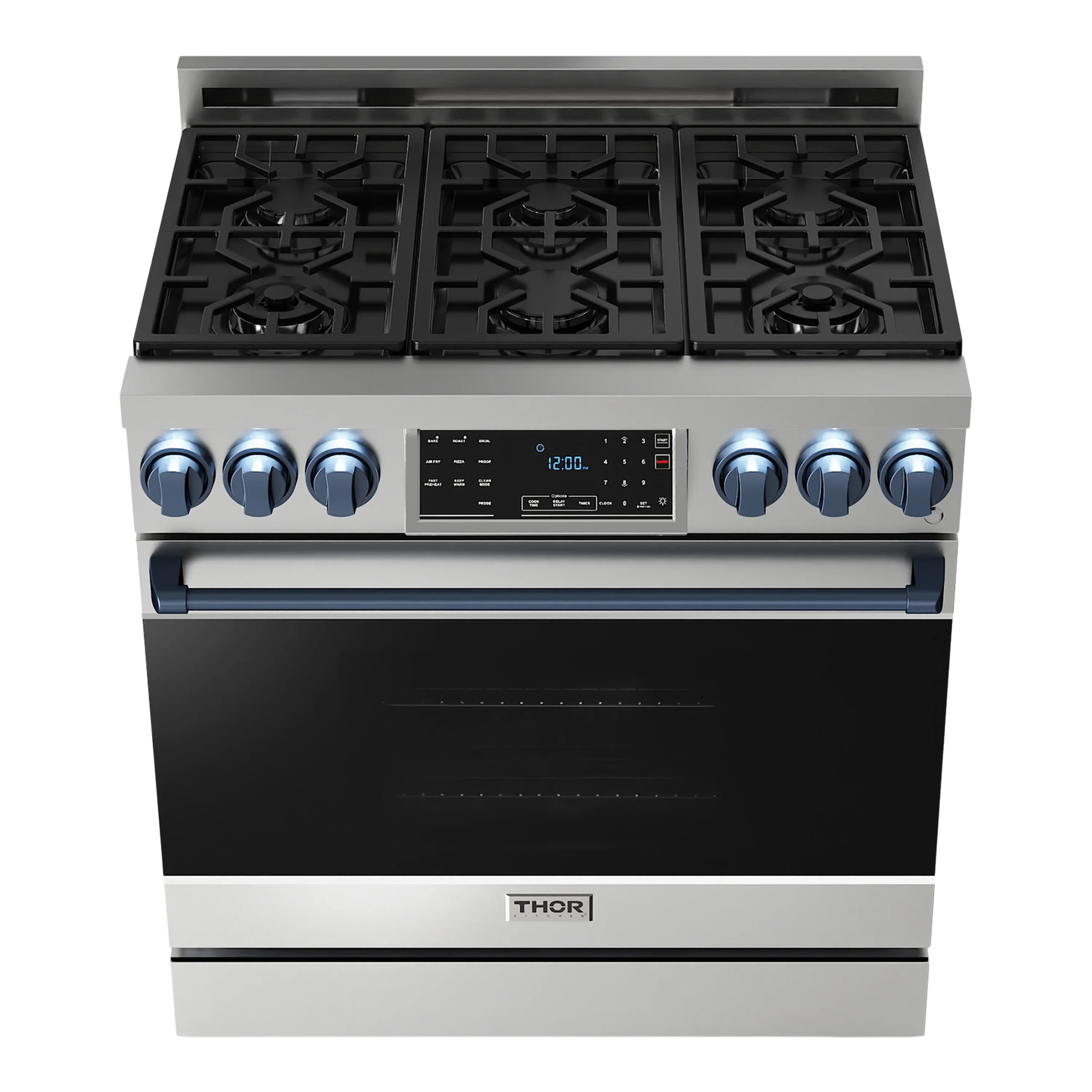 Thor Kitchen 36-Inch Professional Gas Range with Tilt Panel Touch Control in Stainless Steel with Navy Blue Trim (RSG36-BLU)