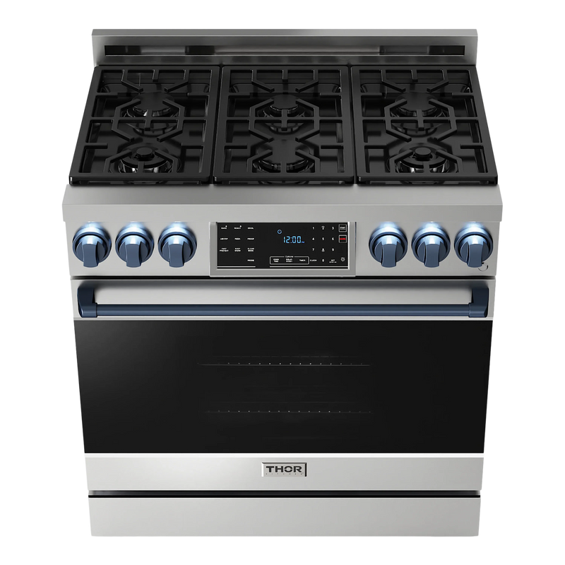 Thor Kitchen 36-Inch Professional Gas Range with Tilt Panel Touch Control in Stainless Steel with Navy Blue Trim RSG36-BLULP