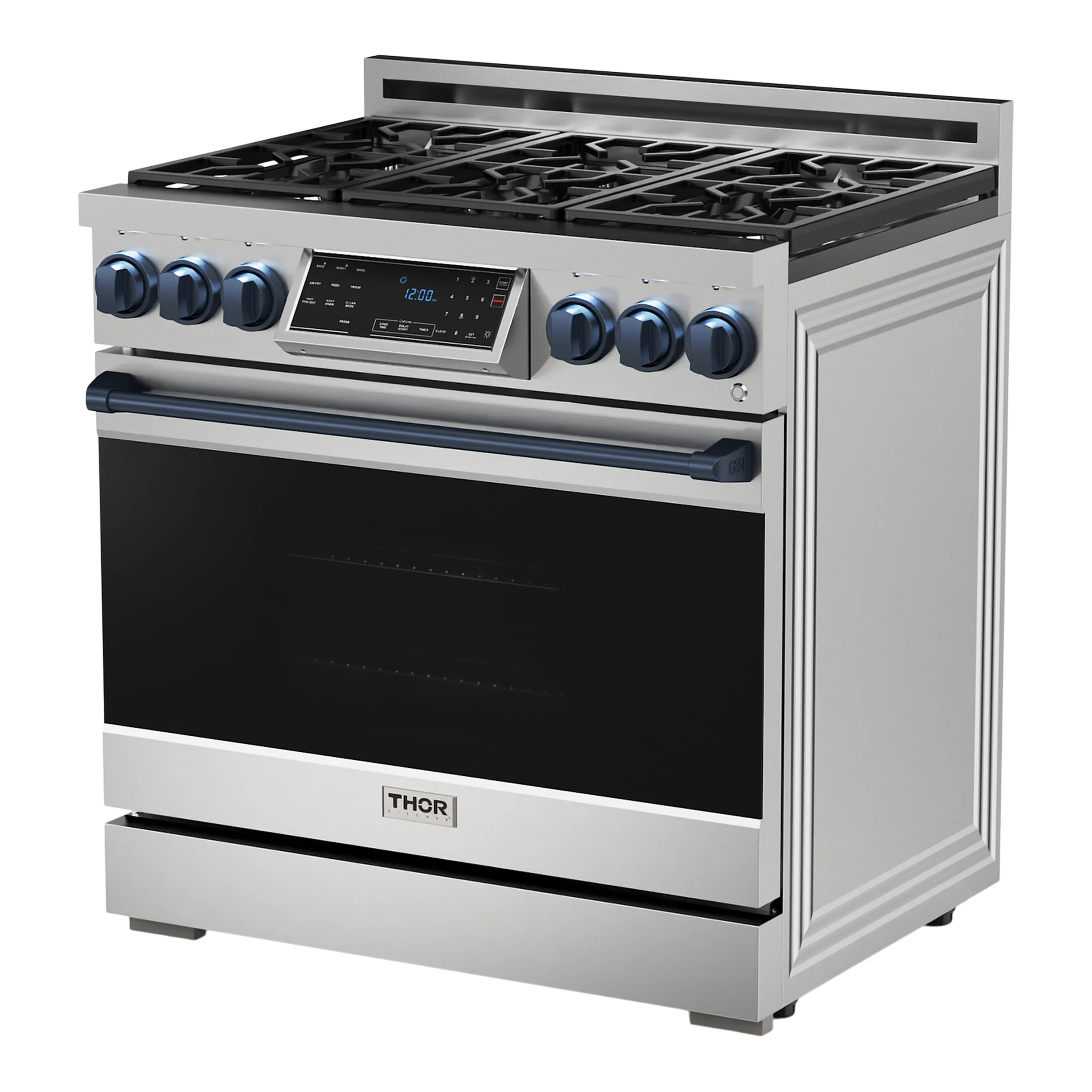 Thor Kitchen 36-Inch Professional Gas Range with Tilt Panel Touch Control in Stainless Steel with Navy Blue Trim (RSG36-BLU)