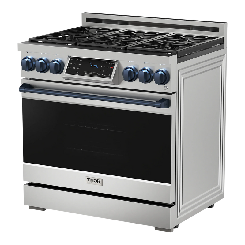 Thor Kitchen 36-Inch Professional Gas Range with Tilt Panel Touch Control in Stainless Steel with Navy Blue Trim RSG36-BLULP