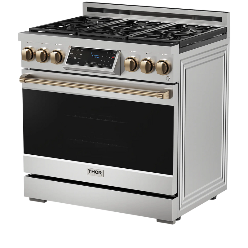 Thor Kitchen 36-Inch Professional Gas Range with Tilt Panel Touch Control in Stainless Steel with Bronze Trim RSG36-BRZLP