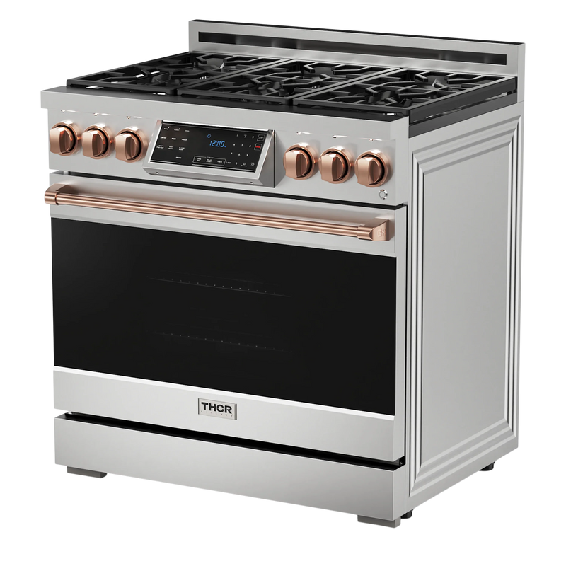 Thor Kitchen 36-Inch Professional Gas Range with Tilt Panel Touch Control in Stainless Steel with Rose Gold Trim RSG36-RSGLP