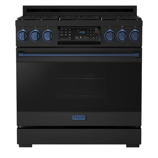 Thor Kitchen Gordon Ramsay Series 36-Inch Professional Gas Range with Tilt Panel Touch Control in Black with Navy Blue Trim (RSG36B-BLU)