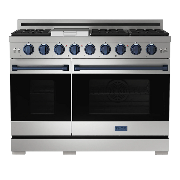 Thor Kitchen Gordon Ramsay Series 48-Inch Professional Gas Range with Double Oven in Stainless Steel with Blue Trim (RSG48E-BLU)