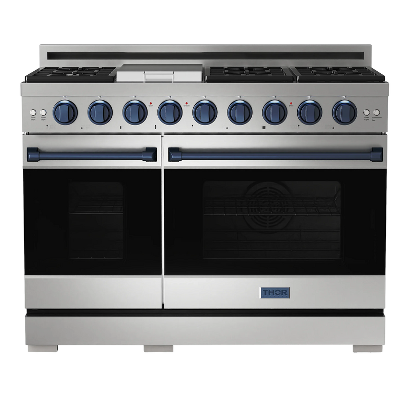 Thor Kitchen Gordon Ramsay Series 48-Inch Professional Gas Range with Double Oven in Stainless Steel with Blue Trim (RSG48E-BLU)