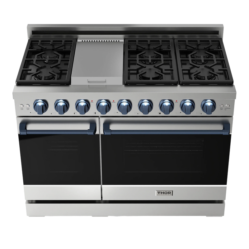 Thor Kitchen 48-Inch Professional Gas Range with Double Oven in Stainless Steel with Blue Trim RSG48E-BLULP